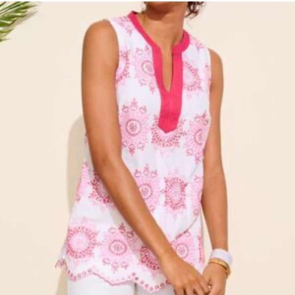 Talbots Pink and White Cotton Embroidered Medallian Split Neck Sleeveless Tunic